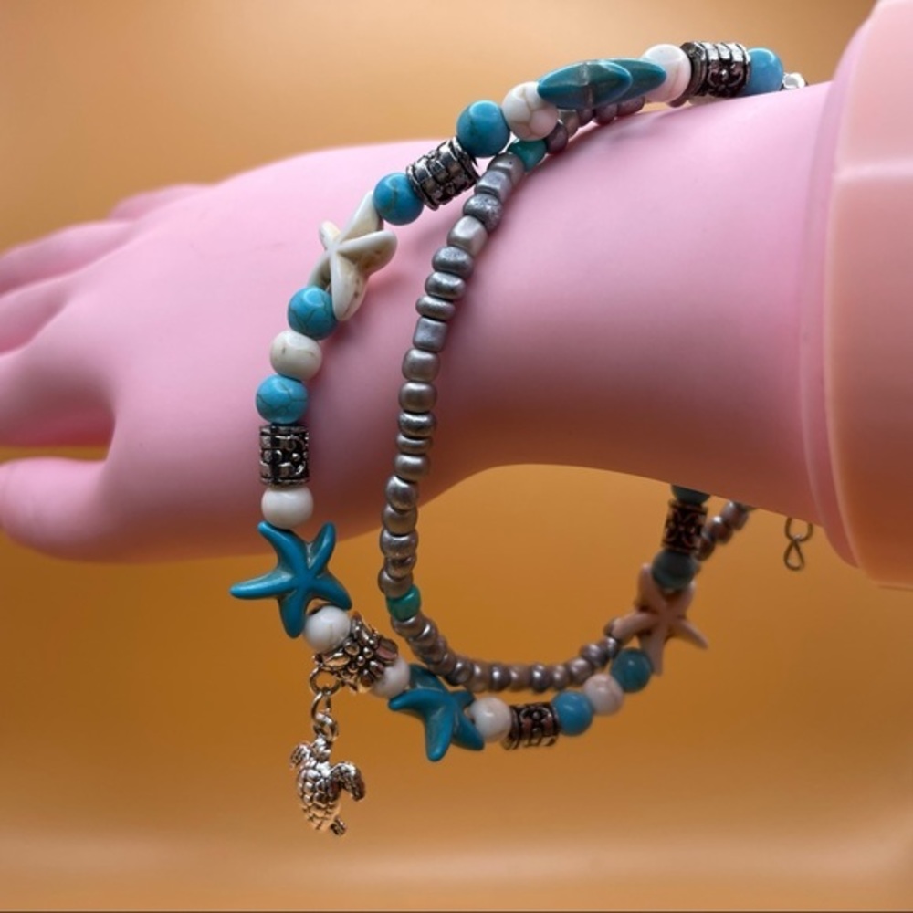 Starfish Sea Turtle Beads Charm Multi Strand Boho Beachy Anklet Ankle Bracelet - Picture 4 of 5